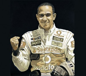 Lewis Hamilton painted in used motor oil by David Macaluso